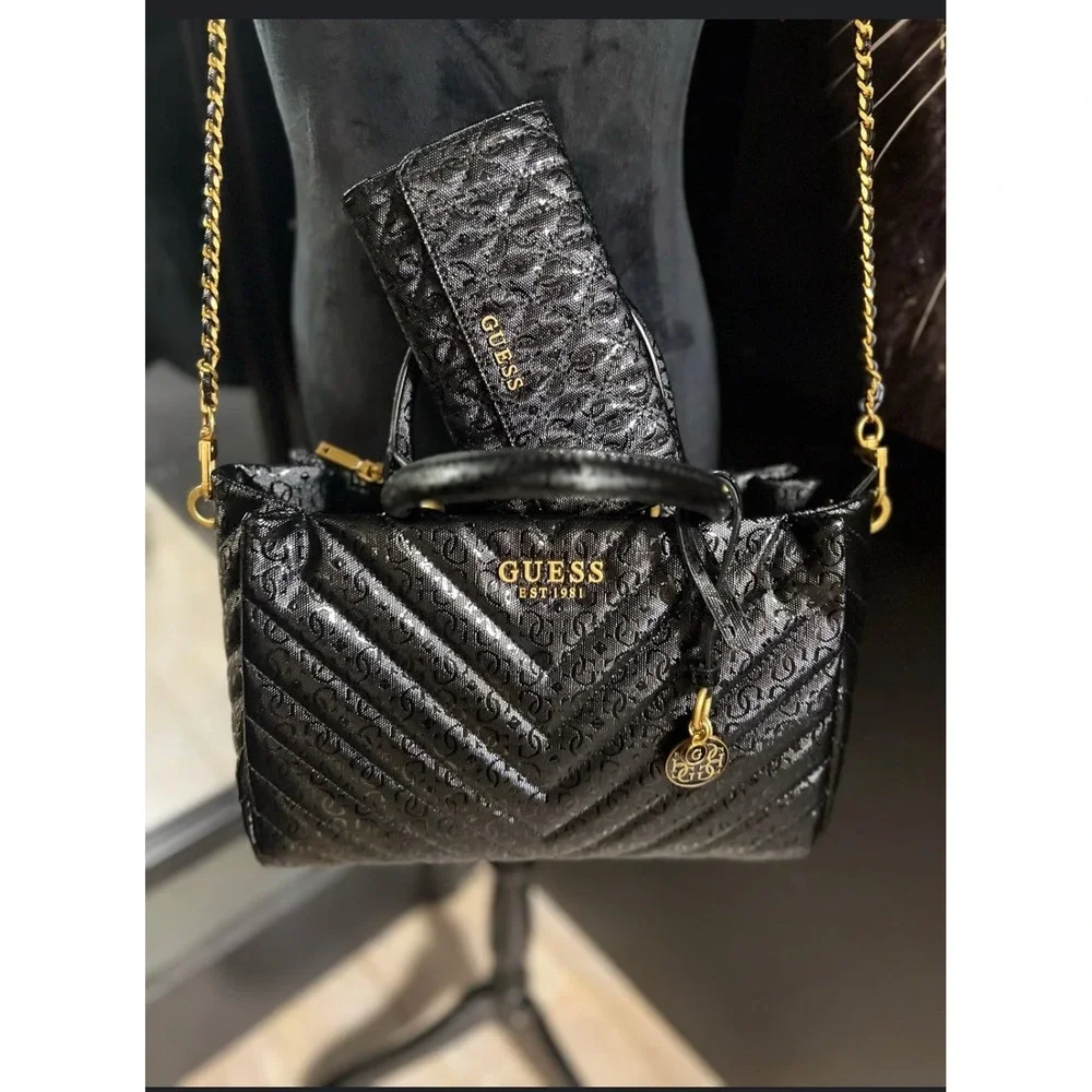 Guess Jania Society Quilted‎ Medium Satchel Crossbody Black Logo Embossed NEW